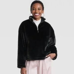 A New Day Women's Black Faux Fur Plush 1/4 Zip Sweatshirt M